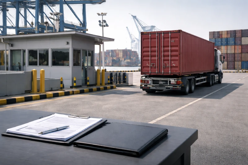 Customs clearance process for DDP shipping to Qatar, showing a sealed container truck at a port inspection checkpoint with documentation prepared
