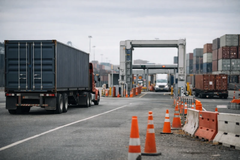 Container truck waiting at a US port gate inspection area, illustrating customs checks and inland delivery delays for imports from China
