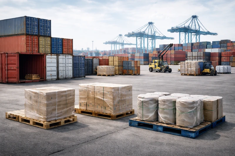 Mizigo ya kontena na ushughulikiaji wa pallet katika terminal ya vifaa vya bandari nchini China