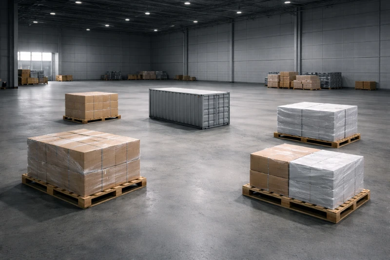 Warehouse cargo layout showing multiple shipping decision contexts from China