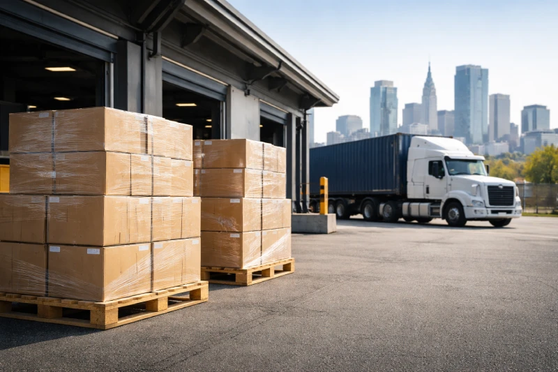 Palletized cargo prepared for door-to-door DDP shipping from China to Canada with truck delivery at warehouse loading dock.