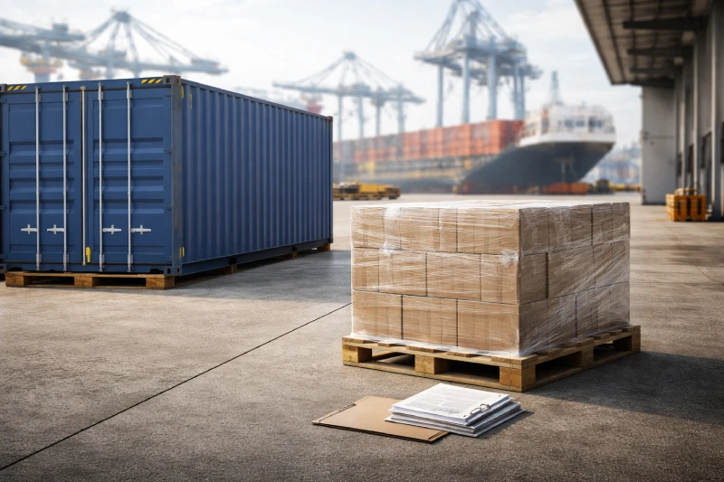 Sealed shipping container and palletized cargo at port terminal symbolizing full seller responsibility under DDP shipping