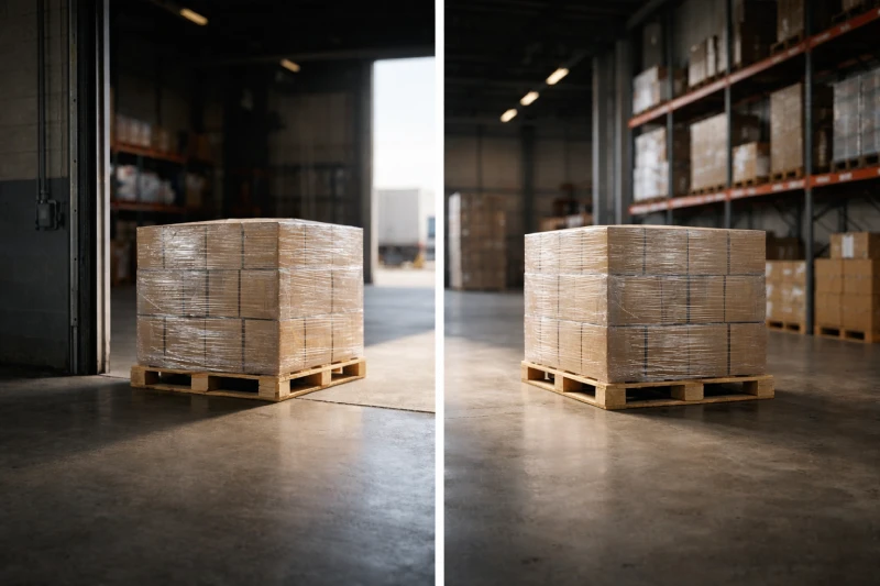 Two palletized shipments positioned at different warehouse depths illustrating delivery responsibility difference between DDP and CIF