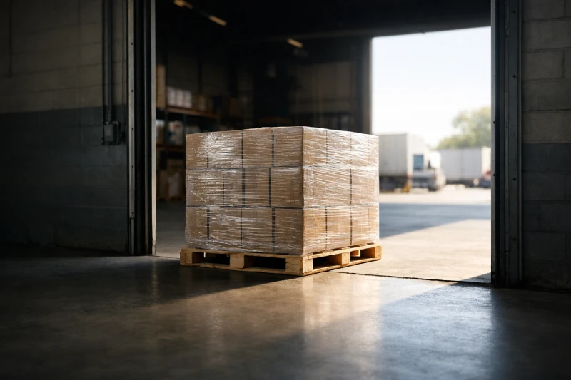 Pallet positioned at warehouse entrance illustrating responsibility boundary between DDP and CIF trade terms