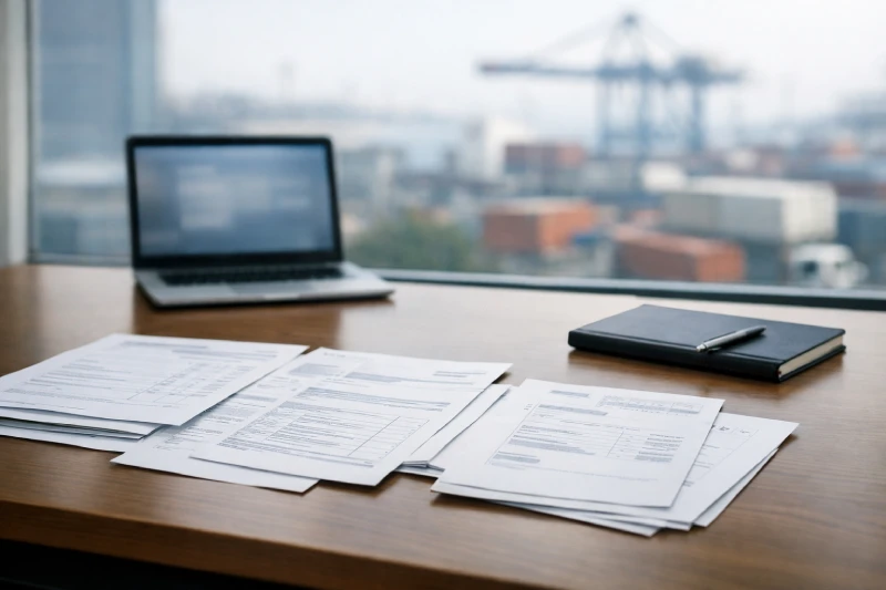 Logistics decision-making workspace with shipping documents for China import planning