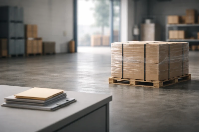 Stationary shipment and documents showing waiting and coordination in freight forwarding