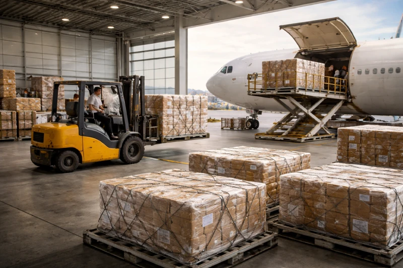 Air freight cargo loading process at airport terminal for shipments to Tanzania