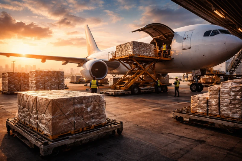 air freight cargo plane loading goods from China to Nigeria at airport