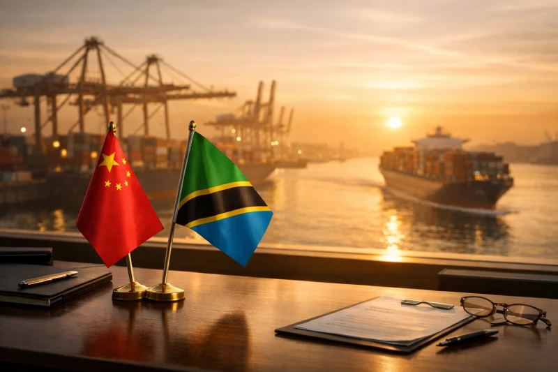 Air freight logistics concept from China to Tanzania with port background and national flags