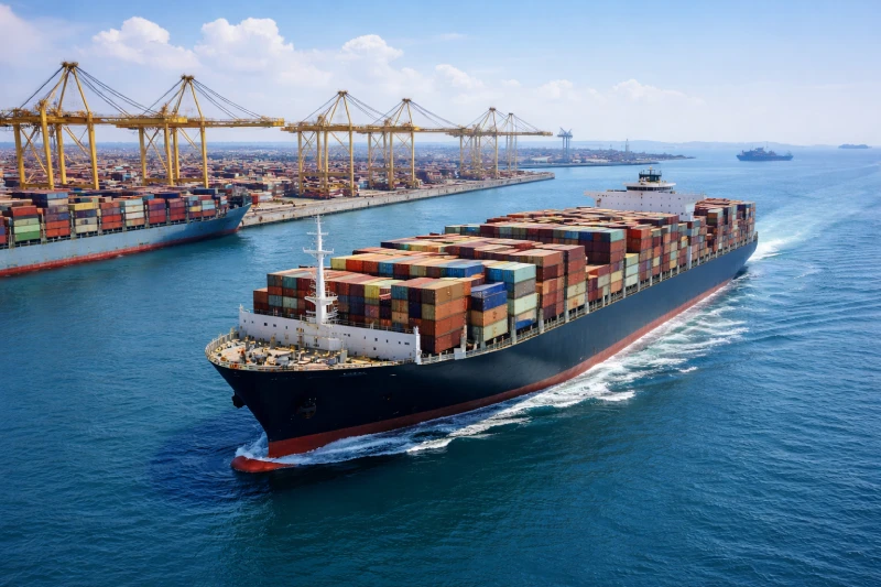 container ship loaded with cargo containers departing international port for Africa trade routes