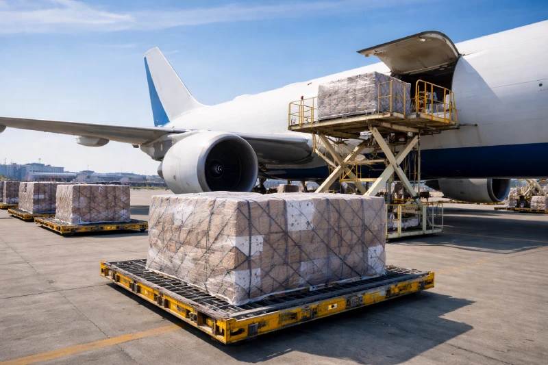 air cargo pallets being loaded into a large cargo aircraft at international airport