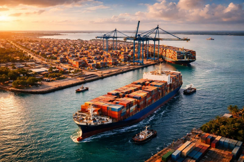 container ship arriving at Douala port Cameroon from China with cargo containers