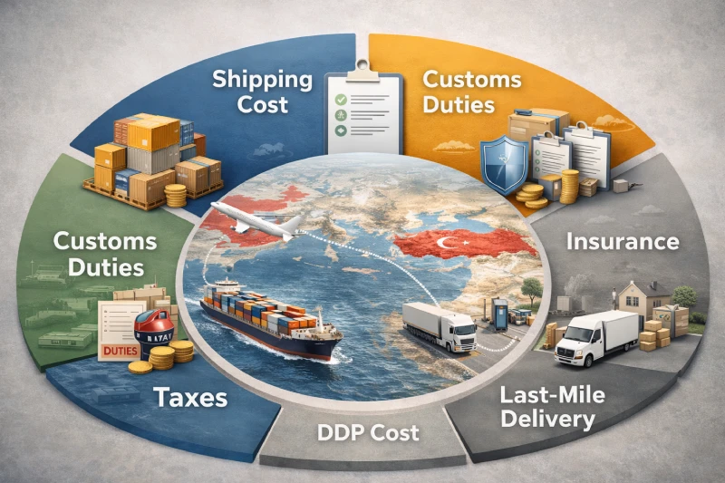 Professional infographic showing the breakdown of DDP shipping costs from China to Turkey, including shipping cost, customs duties, taxes, insurance, and last-mile delivery, with clear icons representing each component.