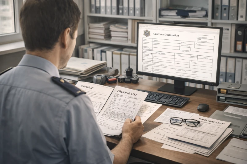 Customs officer reviewing shipping invoices, packing lists, and a customs declaration form at a desk in a modern office, with natural daylight and organized paperwork.