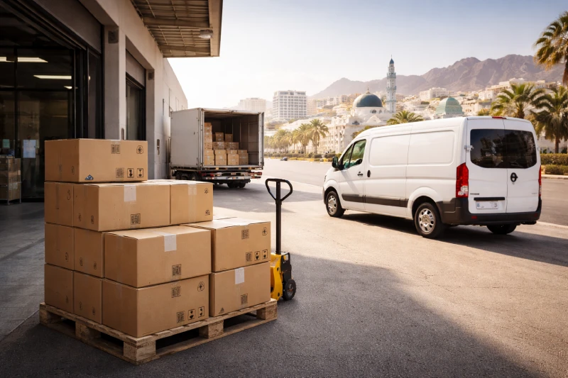 DDP shipping final delivery in Oman showing cargo pallets, warehouse unloading and local distribution truck