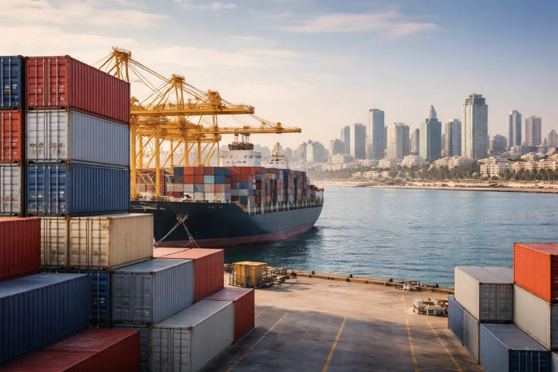 Container vessel at Israeli port representing DDP shipping from China to Israel