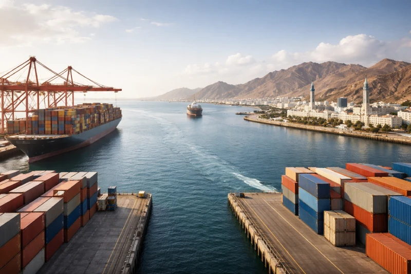 DDP shipping logistics route from China to Oman showing container port, cargo vessel and Oman coastal commercial area