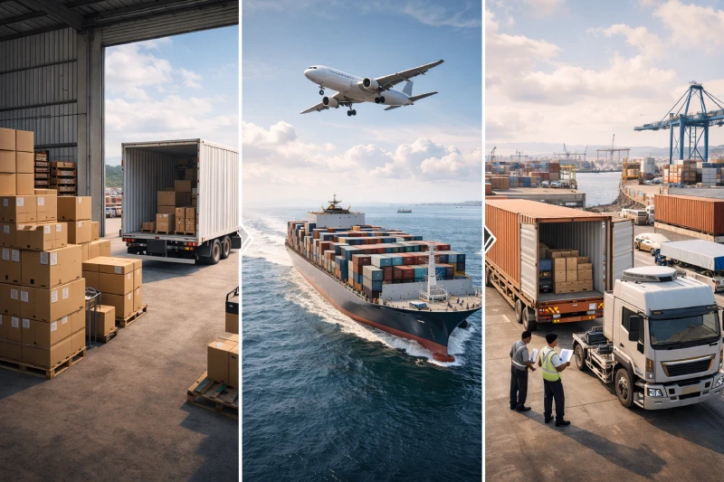 DDP shipping process from China to Ghana showing factory pickup, international sea and air freight, customs clearance, and final delivery logistics