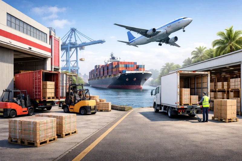 realistic 16:9 logistics process scene showing international cargo movement stages, factory loading pallets on the left, container ship and cargo aircraft in the middle representing international transport, warehouse delivery truck on the right symbolizing final delivery, clean industrial environment, professional global freight transport concept, no text, no logos