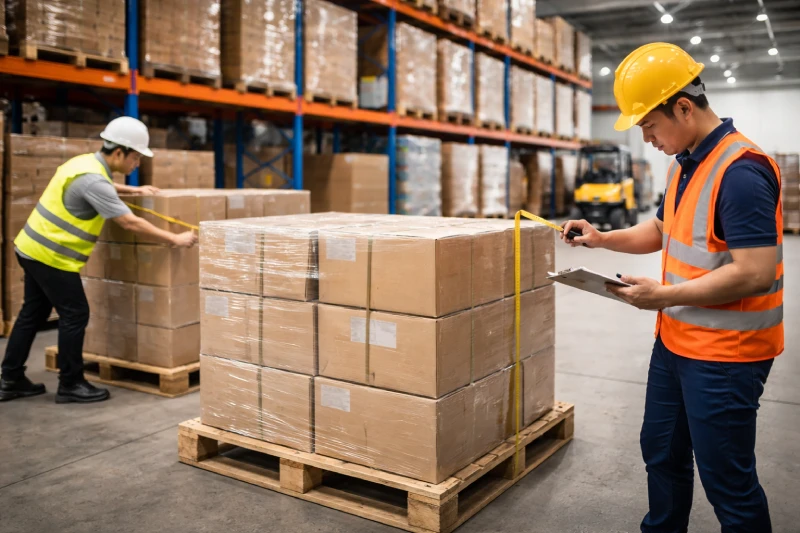 warehouse workers measuring cargo volume for LCL shipping cost per CBM from China to Nigeria