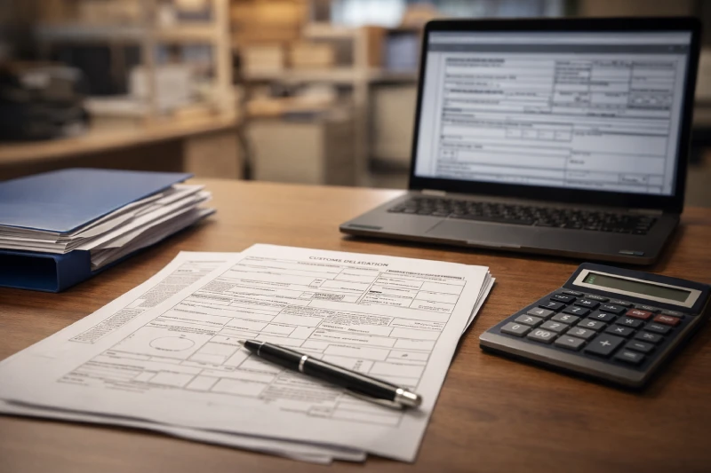 Oman DDP customs clearance documentation review showing import papers, calculator and freight office compliance setup