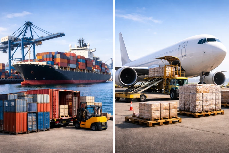 realistic 16:9 logistics comparison scene, left side shows container ship at modern seaport with stacked containers representing sea freight, right side shows cargo aircraft loading palletized goods at airport representing air freight, balanced lighting, professional international shipping concept, clean industrial atmosphere, no text, no logos