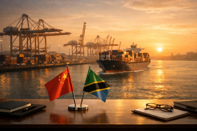 Sea freight from China to Tanzania cargo ship at sunrise with port cranes and containers