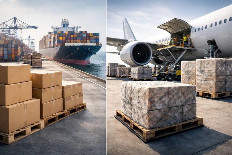 ocean freight containers vs air freight cargo pallets illustrating CBM vs KG shipping cost comparison from China to Nigeria