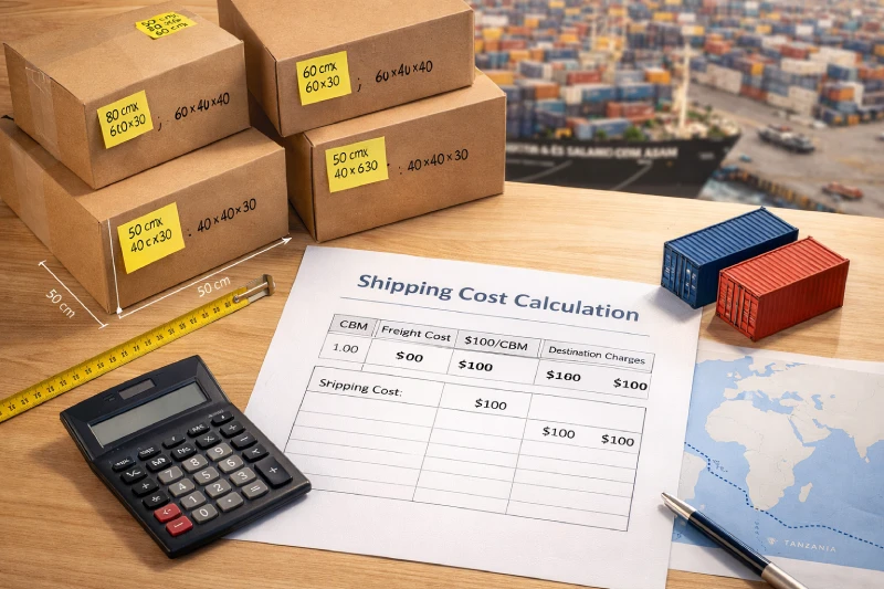 Shipping cost per CBM calculation with cargo boxes and container models