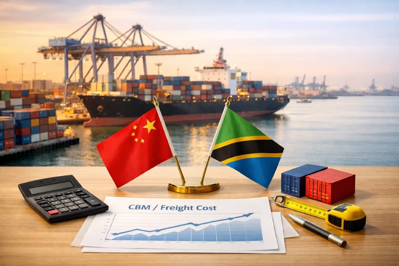 China and Tanzania flags with freight cost chart at container port