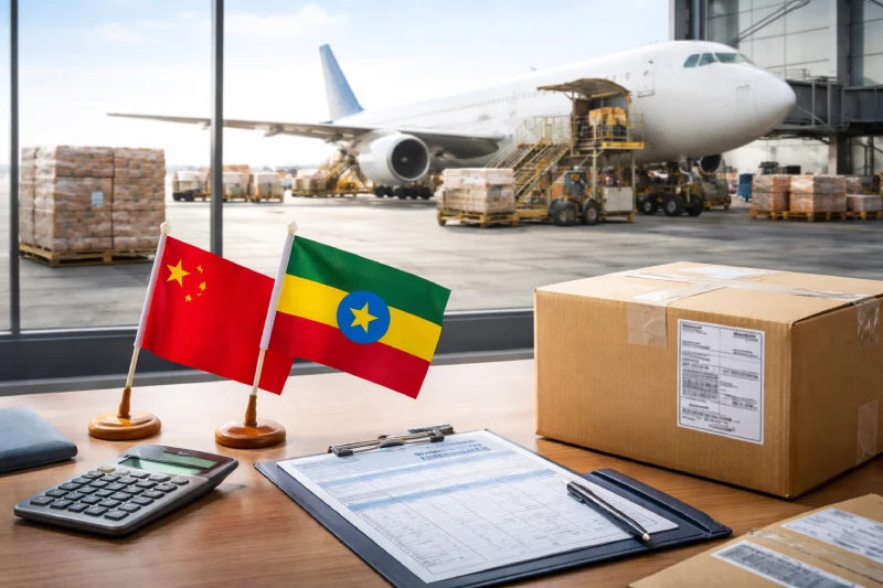 Air freight from China to Ethiopia with cargo plane, shipment box and China and Ethiopia flags