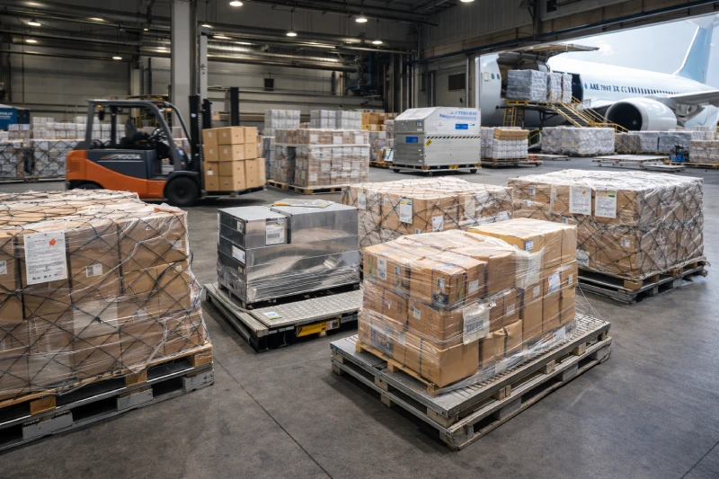 Air cargo pallets and commercial goods prepared for shipment from China to Ghana