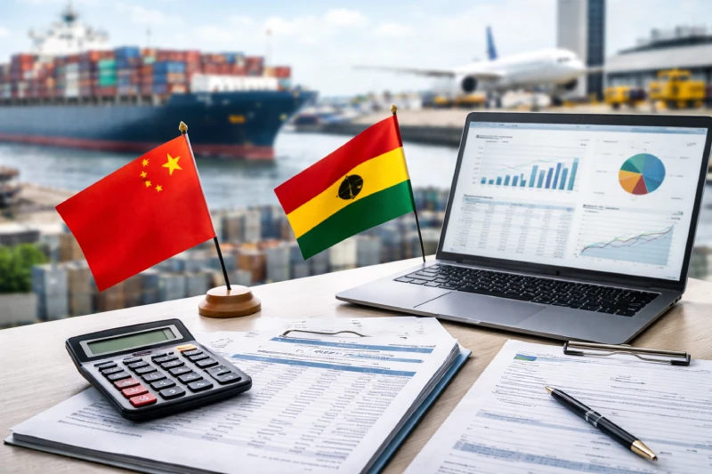 China to Ghana shipping cost analysis with freight documents, calculator, and cargo transport background