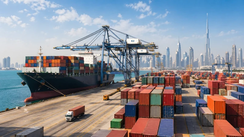 Container shipping from China to UAE with cargo vessel and Dubai skyline
