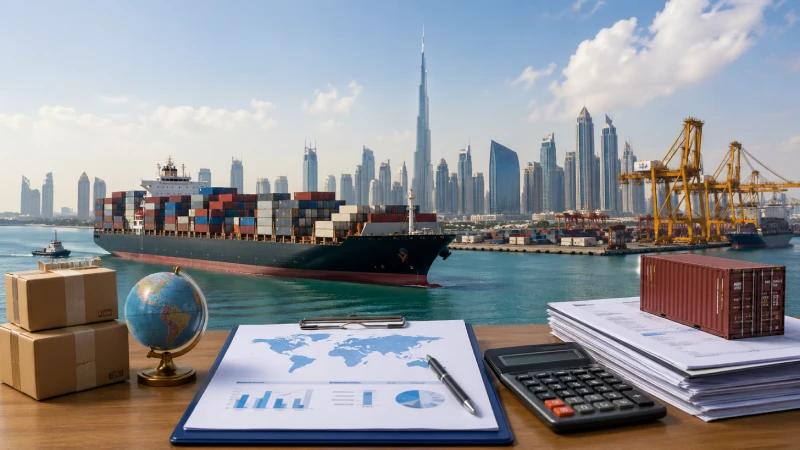 shipping logistics from China to UAE with cargo ship and Dubai skyline
