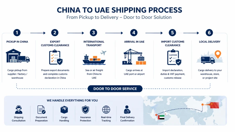 Step by step shipping process from China to UAE including pickup customs clearance transport and delivery