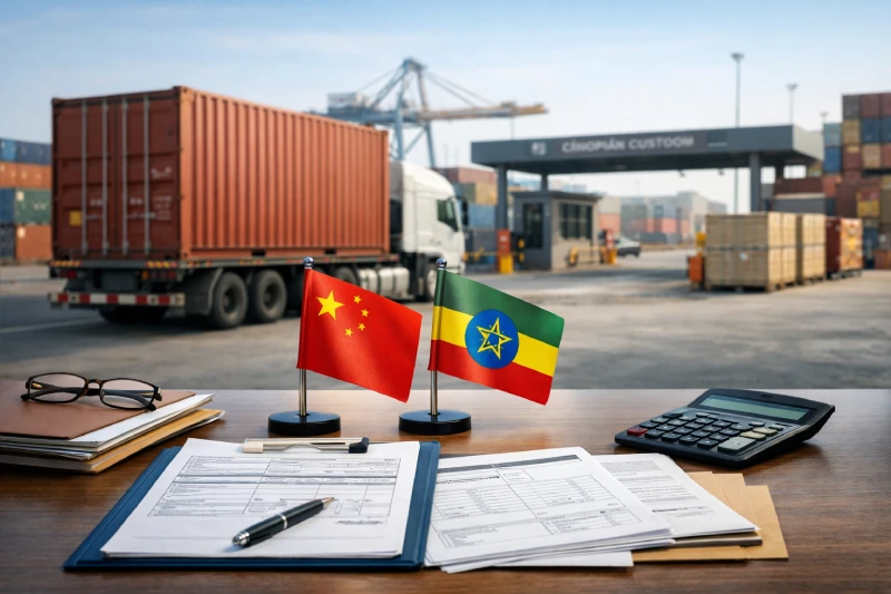Customs clearance process for imports from China to Ethiopia with shipping documents, container, and Ethiopia customs environment