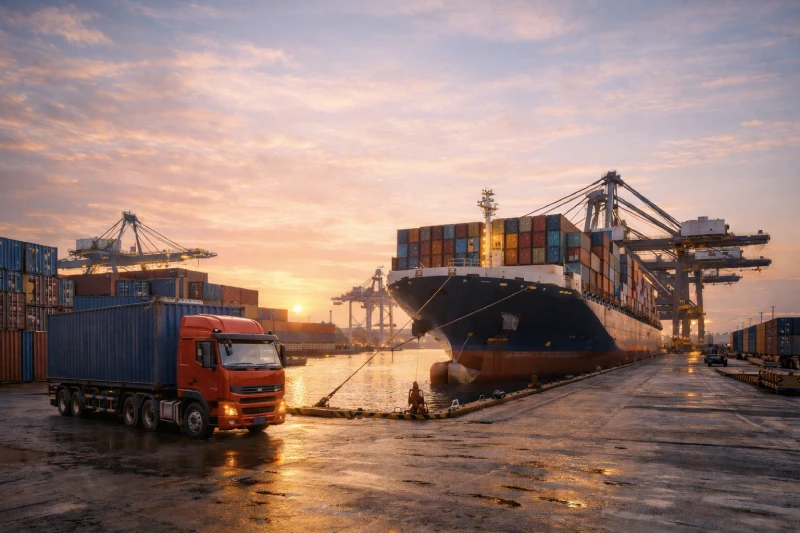 Container truck and cargo ship at Djibouti Port before inland transport to Ethiopia