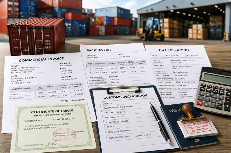 Required customs clearance documents for importing goods from China to Ghana