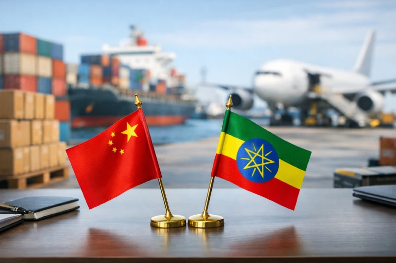 China and Ethiopia flags with cargo ship and airplane for shipping cost guide