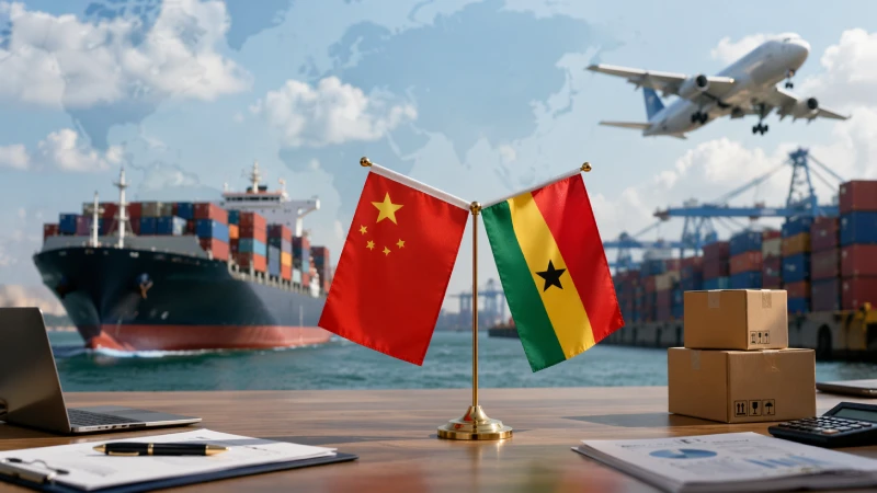 China to Ghana shipping time with cargo ship, cargo airplane, and China and Ghana flags