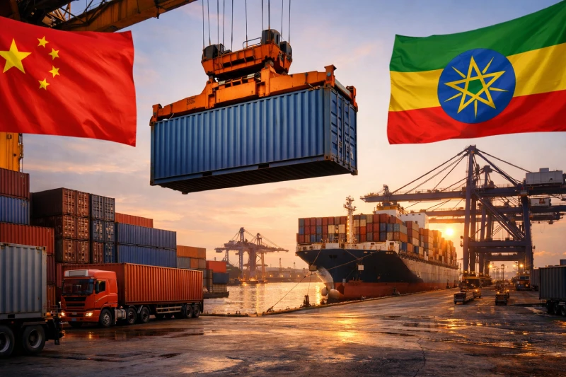 Sea freight from China to Ethiopia with cargo ship, containers, and China and Ethiopia flags at port