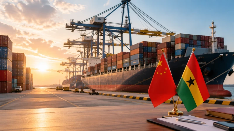 Sea freight from China to Ghana with container ship, cargo terminal and China Ghana flags at port