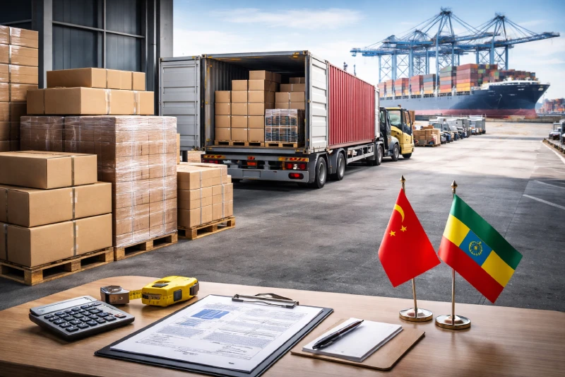 Shipping cost per CBM from China to Ethiopia with LCL cargo, cartons, and container loading scene