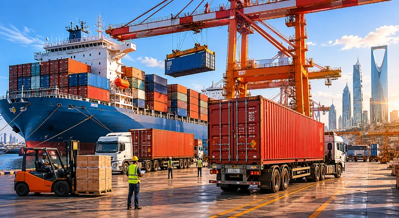 40ft high cube shipping containers at Saudi Arabian port with cargo trucks and China export freight logistics scene