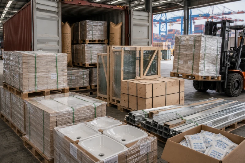 Protected building materials prepared for sea freight shipping to Saudi Arabia inside export warehouse