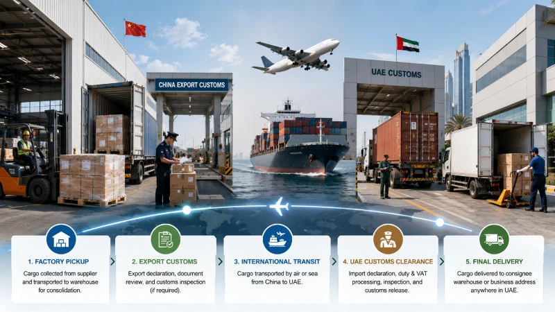 Door-to-door DDP shipping process from China to UAE with customs and final delivery stages