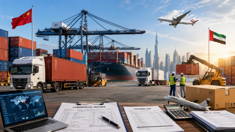 Efficient cargo shipping process from China to UAE with containers, freight transport, and customs coordination