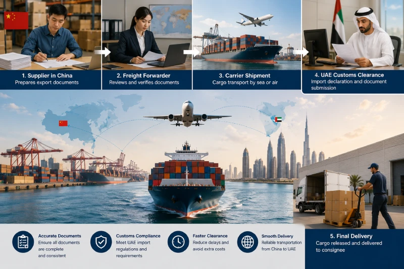 Shipping documentation workflow from China supplier to UAE customs clearance and delivery