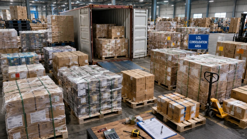 Cargo consolidation warehouse for LCL shipping from China to UAE showing palletized freight and CBM optimization